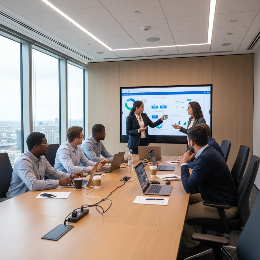 Seven colleagues sit around a long wooden conference table and listen to two women present data on a large digital screen.